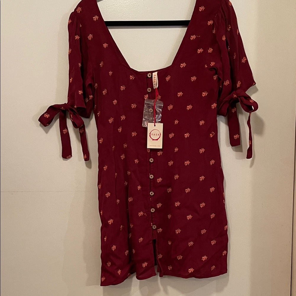 New RAGA Burgundy Button-Down Mini Dress Embroidered Floral Tie Short Sleeves